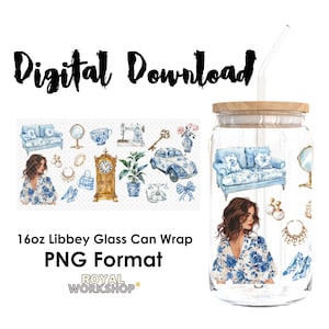 Chinoiseire Floral Azul I PNG, Digital Download, 16oz Libbey Glass Can UVDTF Cup Wrap Design