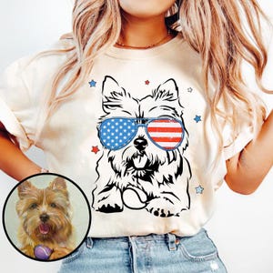Custom Pet Photo USA T-Shirt, Personalized 4th of July Dog T-shirt/sweatshirt with American Flag Glasses, Patriotic Pet Lover Gift for Women