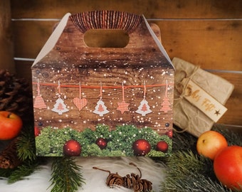 Weihnachten Geschenbox mit Henkel in Holzoptik - 12,5 x 18,5 x 12 cm - braun grün rot