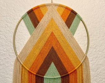 Retro Yellow Rainbow Yarn Wall Hanging, Green and Orange Wall Art, Handmade Wall Hangings, Modern Macrame, Retro Wall Art, 70's Decor