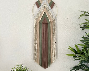 Yarn Hoop Wall Hanging, Modern Boho Tapestry, Brown Green Decor