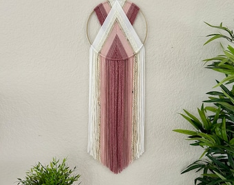 Pink and White Yarn Wall Hanging, Pink Nursery Decor, Macrame Wall Art, Boho Tapestry, Boho Wall Art, Handmade Wall Hangings, Dorm Art