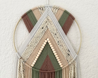 Yarn Hoop Wall Hanging, Green Brown Boho Tapestry, Handmade Decor