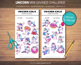 May include: Two printable "Unicorn Girlie Savings Challenge" sheets with cartoon unicorns. Each sheet has a different layout, with the text "Instant Download" on one. A pair of teal scissors and a yellow pencil are on a wooden surface.