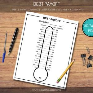 May include: A printable debt payoff tracker designed to look like a thermometer. The tracker has a scale from 0% to 100% with lines for each 5% increment.  The text "DEBT PAYOFF" is at the top of the page and "END GOAL" is below it.  The text "Complete!" is next to the 100% mark.  The text "$0" is at the bottom of the thermometer and there are dollar amounts next to each 5% increment.  The text "EDITABLE PDF" is in a teal box in the upper right corner of the page.