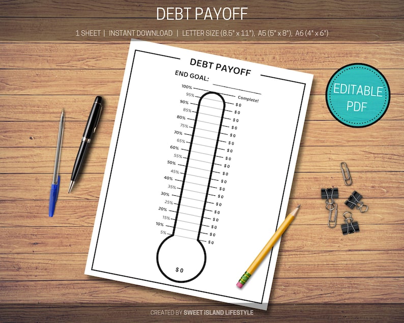 May include: A printable debt payoff tracker designed to look like a thermometer. The tracker has a scale from 0% to 100% with lines for each 5% increment.  The text "DEBT PAYOFF" is at the top of the page and "END GOAL" is below it.  The text "Complete!" is next to the 100% mark.  The text "$0" is at the bottom of the thermometer and there are dollar amounts next to each 5% increment.  The text "EDITABLE PDF" is in a teal box in the upper right corner of the page.