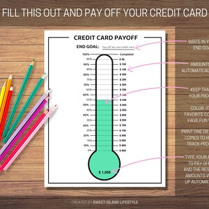 May include: Printable credit card payoff tracker with a thermometer design. The thermometer is filled in green to show progress. The tracker includes a space to write in your end goal and track your progress.