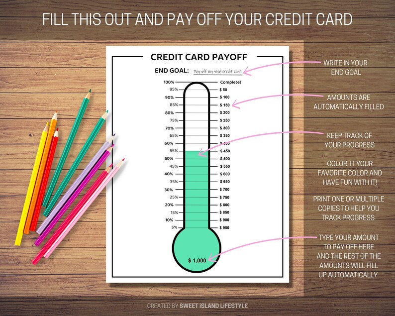 May include: Printable credit card payoff tracker with a thermometer design. The thermometer is filled in green to show progress. The tracker includes a space to write in your end goal and track your progress.