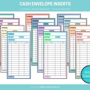 May include: Twelve printable cash envelope inserts in various pastel colors. Each insert has a section for category, start date, end date, initial balance, date, description, in/out, and balance. The text "CASH ENVELOPE INSERTS" and "INSTANT DOWNLOAD" is visible in the image.