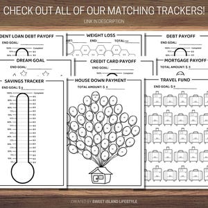 May include: A set of printable black and white goal trackers with different themes, including student loan debt payoff, weight loss, credit card payoff, house down payment, mortgage payoff, travel fund, dream goal, and savings tracker. Each tracker has a unique design and includes a progress bar or chart to track progress towards the goal.