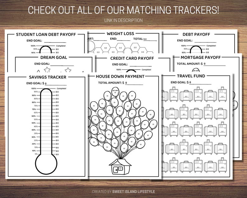 May include: A set of printable black and white goal trackers with different themes, including student loan debt payoff, weight loss, credit card payoff, house down payment, mortgage payoff, travel fund, dream goal, and savings tracker. Each tracker has a unique design and includes a progress bar or chart to track progress towards the goal.