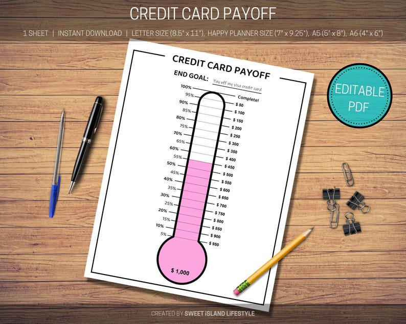 May include: Printable credit card payoff tracker in the shape of a thermometer. The tracker is pink and white and has a goal of $1,000. The tracker is labeled with percentages and dollar amounts. The text "Editable PDF" is in a blue circle in the upper right corner.
