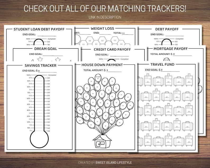 May include: A set of printable black and white goal trackers with different themes, including student loan debt payoff, weight loss, credit card payoff, house down payment, mortgage payoff, travel fund, dream goal, and savings tracker. Each tracker has a unique design and includes a progress bar or chart to track progress towards the goal.