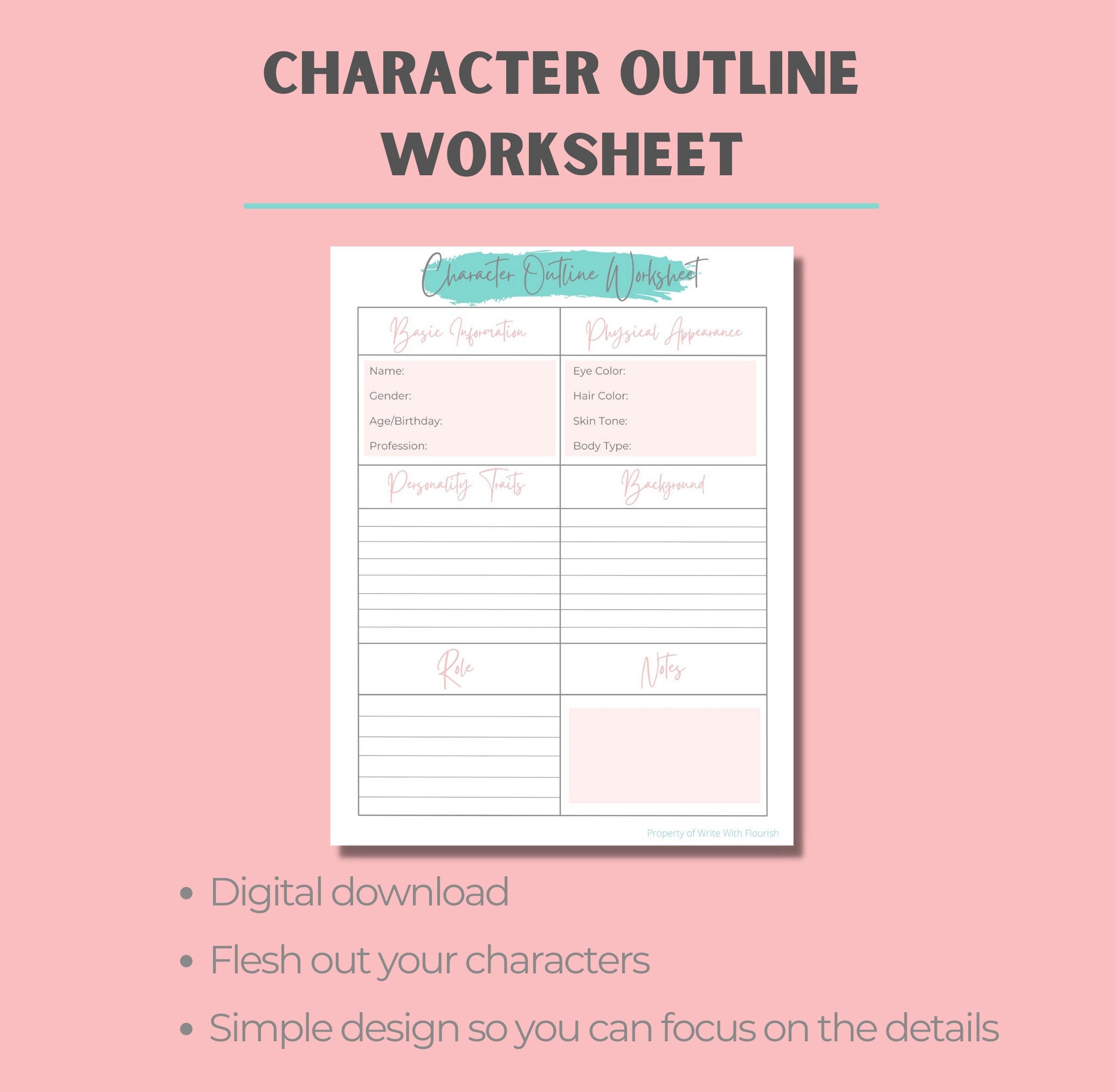Character Outline Worksheet Instant Download Printable | Etsy