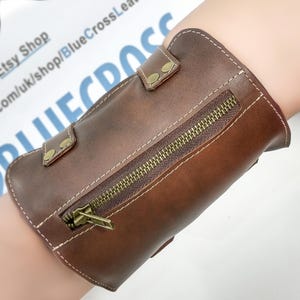 Handmade Brown Leather Wrist Wallet Cuff: Unisex Biker Card Holder