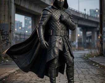 Black Genuine Leather Warrior Coat – Hooded Medieval Fantasy Armor Cosplay Costume