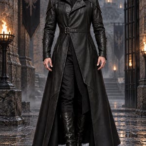 May include: A long black hooded coat with a belted waist, worn over black trousers and black boots. The coat features structured shoulders, long sleeves, and a full-length skirt. The garment is made of a smooth, dark material with a matte finish.