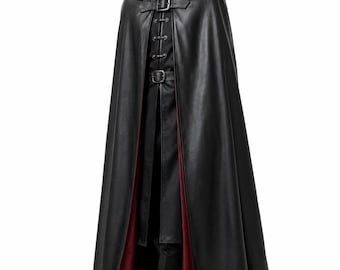 Men’s Black Leather Hooded Cloak, Gothic Medieval Vampire Cape, Renaissance LARP Cosplay Costume