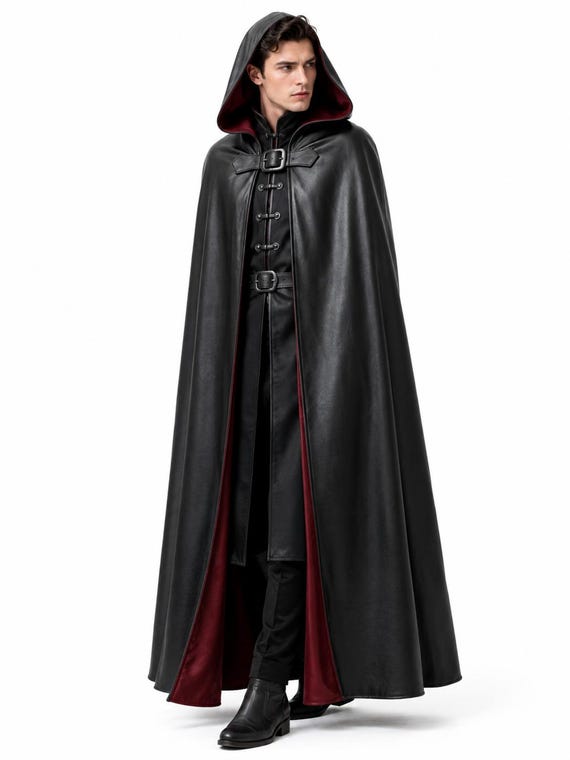 Men’s Black Leather Hooded Cloak, Gothic Medieval Vampire Cape, Renaissance LARP Cosplay Costume