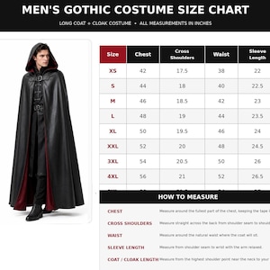 May include: A size chart for a long coat and cloak costume with text reading GOTHIC COSTUME SIZE CHART and HOW TO MEASURE. The chart lists measurements in inches for chest, shoulders, waist, and sleeve length for sizes XS to 4XL.
