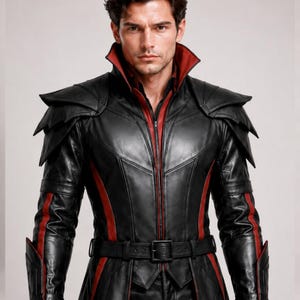 May include: A black leather jacket featuring a high stand-up collar with a red interior lining, layered shoulder panels, a front zipper closure, and red vertical stripes along the sleeves and torso, finished with a matching black leather belt.