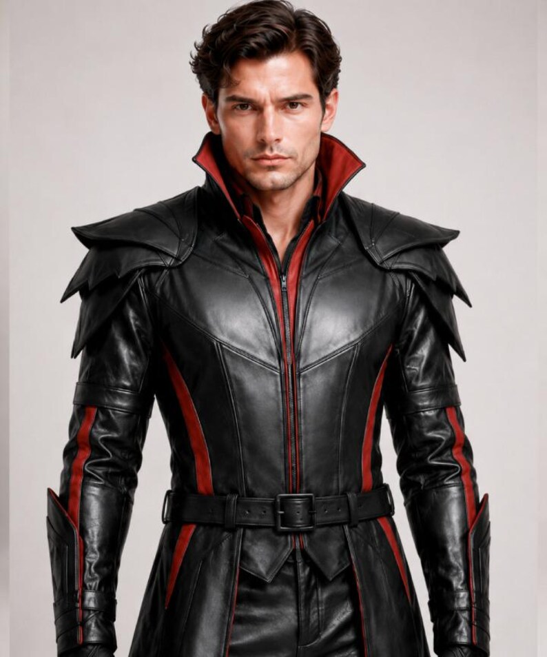 May include: A black leather jacket featuring a high stand-up collar with a red interior lining, layered shoulder panels, a front zipper closure, and red vertical stripes along the sleeves and torso, finished with a matching black leather belt.