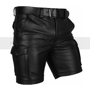 Handmade Mens Black Leather Cargo Short Club Wear Summer Short Gym Short Yoga Short Lambskin Belted Short with 6 Pockets Easter Love UK