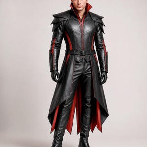 May include: A black leather long coat featuring a high collar, layered shoulder panels, and a red interior lining. The coat includes a front zipper, a waist belt with a buckle, and matching black leather trousers and boots with black gloves.