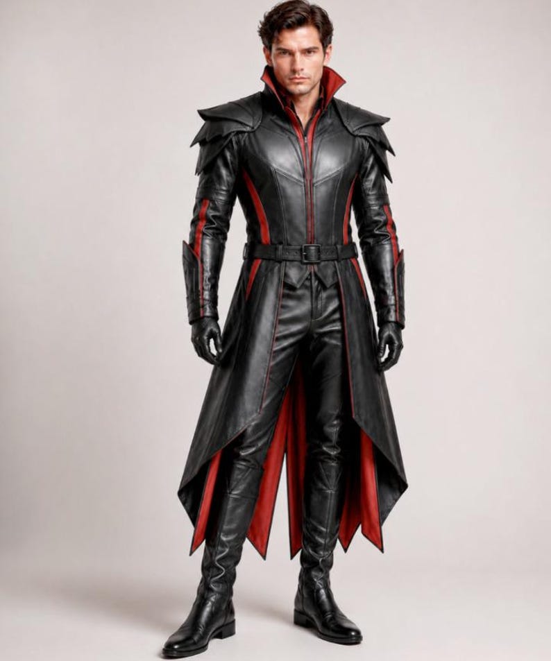May include: A black leather long coat featuring a high collar, layered shoulder panels, and a red interior lining. The coat includes a front zipper, a waist belt with a buckle, and matching black leather trousers and boots with black gloves.