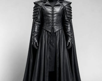 Men's Black Genuine Leather Hooded Cloak, Gothic Medieval LARP Costume