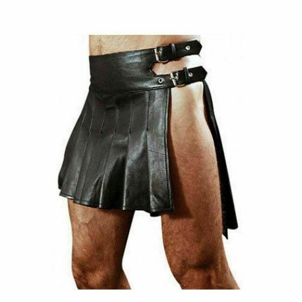 Men Genuine Leather Gladiator Kilt Pleated Larp Halloween Club Wear Hand Made Skirt | Handmade tilted kilt best gift for men