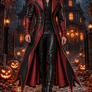 May include: A long black and red coat with a high collar, structured shoulders, and buckle details on the sleeves and waist. The coat is worn over a black shirt with a silver cross necklace and black trousers, paired with black buckled boots.