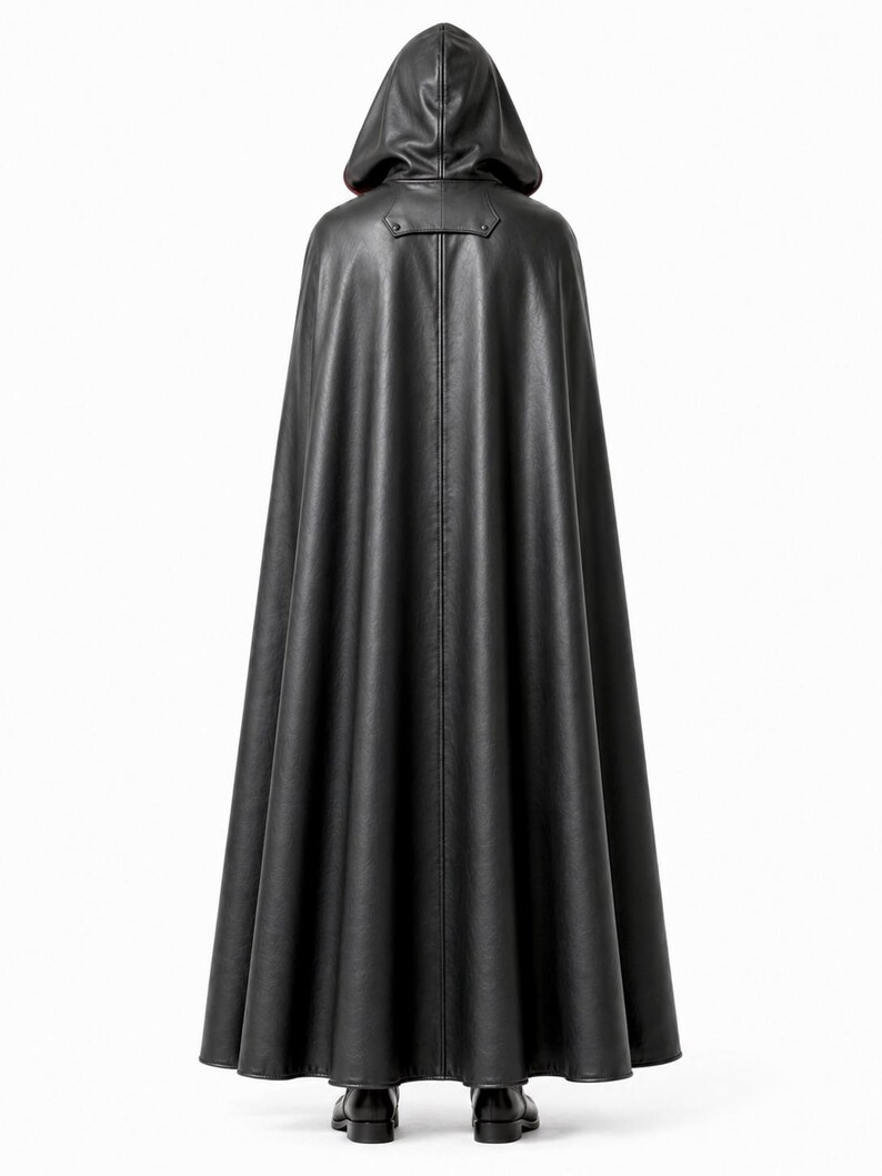 May include: A floor-length black hooded cloak featuring a smooth, leather-like texture. The garment includes a structured hood, a horizontal yoke detail at the upper back with visible stitching, and a full, flowing silhouette that drapes to the floor.