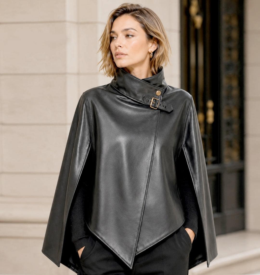 Black Genuine Leather Cape Poncho, Asymmetrical Trench Style Coat, Gold Buckle