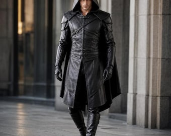 Black Hooded Leather Assassin Cape | Fantasy Warrior Cloak for Men | Gothic Cosplay Costume | Medieval LARP Outfit
