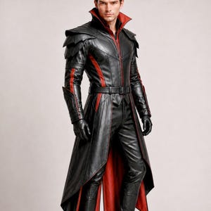 May include: A black leather long coat featuring a high stand-up collar with a red interior lining, layered shoulder panels, and red vertical stripes along the torso and sleeves. The coat includes a matching black belt and black leather gloves.