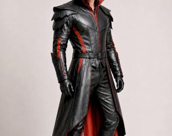 May include: A black leather long coat featuring a high stand-up collar with a red interior lining, layered shoulder panels, and red vertical stripes along the torso and sleeves. The coat includes a matching black belt and black leather gloves.