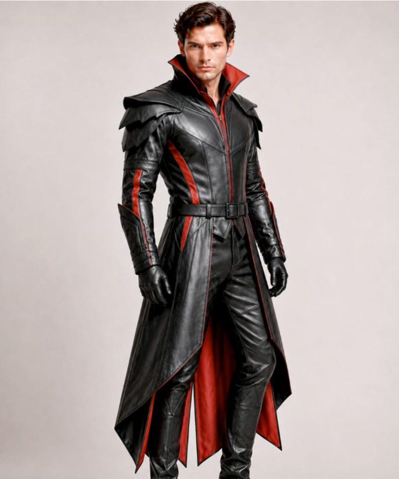 May include: A black leather long coat featuring a high stand-up collar with a red interior lining, layered shoulder panels, and red vertical stripes along the torso and sleeves. The coat includes a matching black belt and black leather gloves.