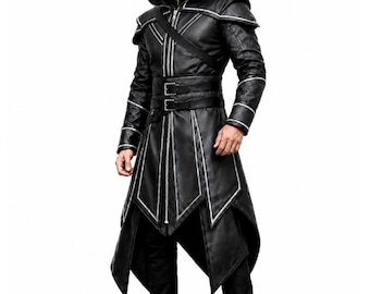 Real Leather Assassin Inspired Hooded Coat, Mens Armor Medieval Rogue Outfit