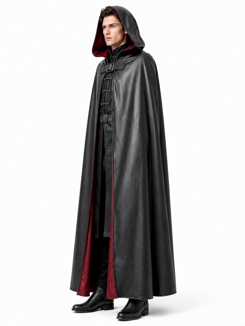 May include: A floor-length black hooded cloak featuring a deep red interior lining. The garment includes a front buckle closure at the neck and a series of vertical decorative toggle fasteners down the center, worn over black trousers and boots.