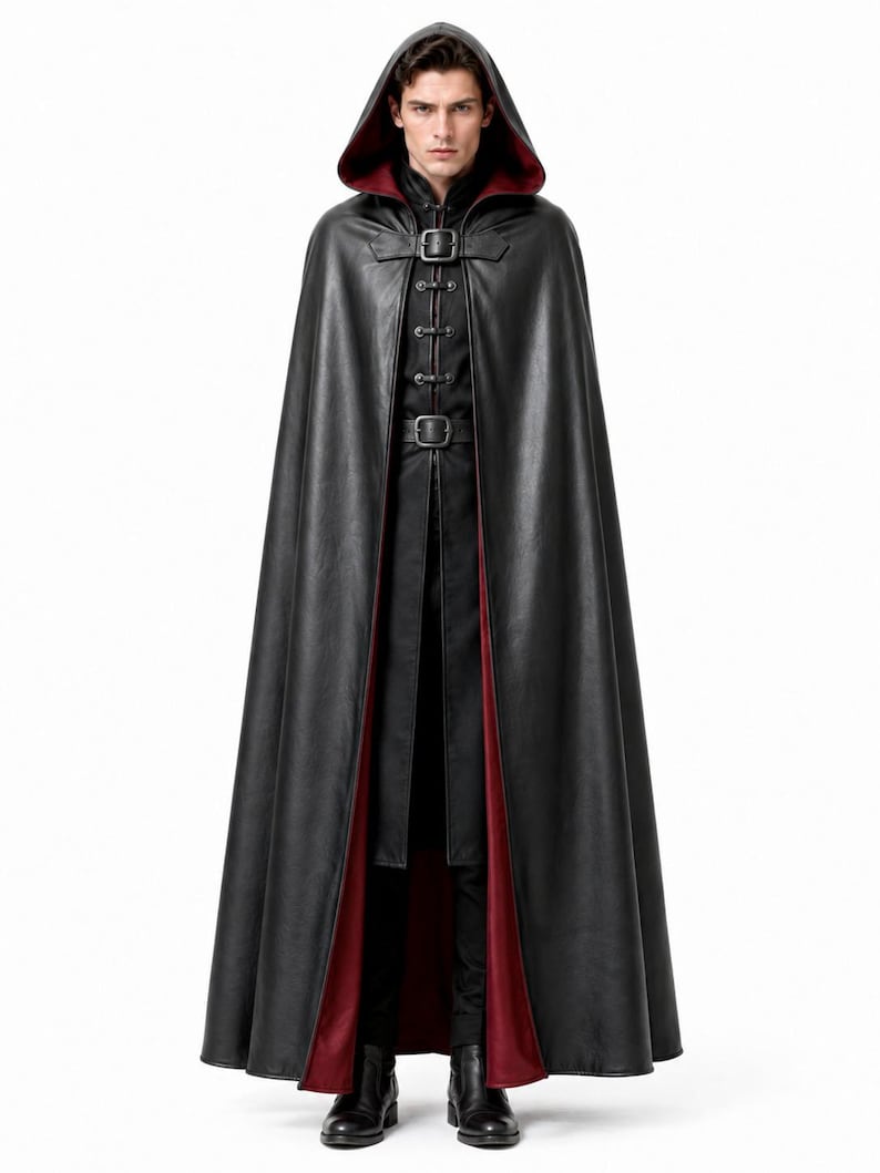 May include: A floor-length black hooded cloak with a deep red interior lining. The garment features a front closure with two dark metal buckles and a series of vertical buttons down the center, worn over a matching black long-sleeved tunic and pants.
