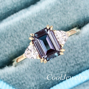 Alexandrite engagement ring Emerald cut vintage moissanite Diamond 3 stone engagement ring women 14k gold Bridal wedding ring anniversary