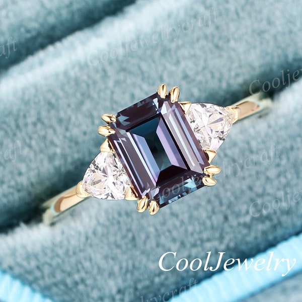 Alexandrite engagement ring Emerald cut vintage moissanite Diamond 3 stone engagement ring women 14k gold Bridal wedding ring anniversary