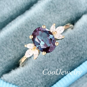 Alexandrite engagement ring Oval cut Vintage Solid gold engagement ring Unique Art Deco ring Cluster Diamond Bridal Ring Promise ring women