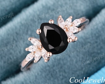 Anillo de compromiso de ónix negro Forma ovalada única Racimo Marquise diamante / moissanita anillo vintage 14k Anillo de oro rosa Anillo de bodas Anillo de promesa