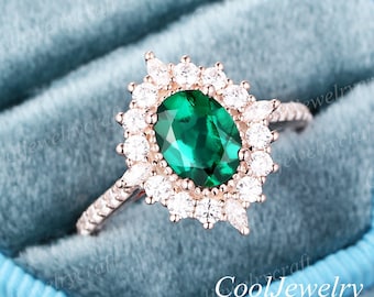 Emerald engagement Ring Oval Cut Unique Moissanite / Diamond halo Ring 14k Rose Gold Ring Wedding Ring Bridal Promise Ring Anniversary Ring