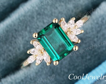Emerald Engagement Ring Emerald Cut vintage 14K Gold emerald ring unique Cluster Marquise diamond moissanite Wedding Ring Promise Ring Gift