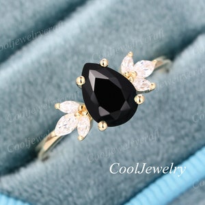 Black onyx engagement ring solid Gold Ring Pear shape vintage unique Cluster Marquise diamond / moissanite wedding ring bridal Promise ring