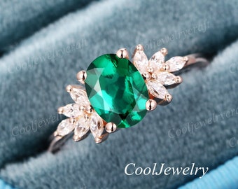 Emerald engagement ring Solid Gold green emerald Ring art deco Cluster Marquise Diamond / Moissanite Wedding Ring Promise Ring Anniversary