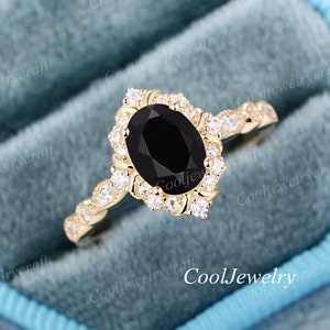 Black Onyx Engagement Ring Oval Vintage Solid Gold Ring flower unique Marquise diamond moissanite Halo wedding ring Promise ring Anniversary